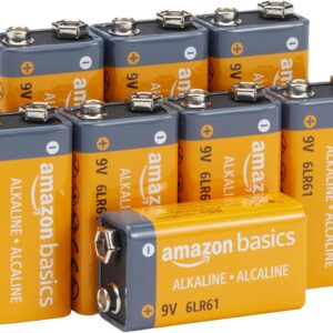 Amazon Basics 8-Pack 9V Long-Lasting Alkaline Batteries for Smoke Detector, Electronics & Audio, Reliable, 5-Year Shelf