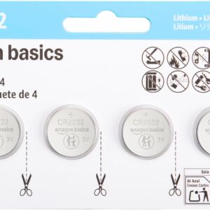Amazon Basics CR2032 3V Lithium Coin Cell Batteries, Child-Proof Package, Non-Coated, AirTag Compatible, 4-Pack