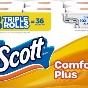 Scott ComfortPlus Toilet Paper, 12 Triple Rolls, 231 Sheets per Roll, Septic-Safe, 1-Ply Toilet Tissue