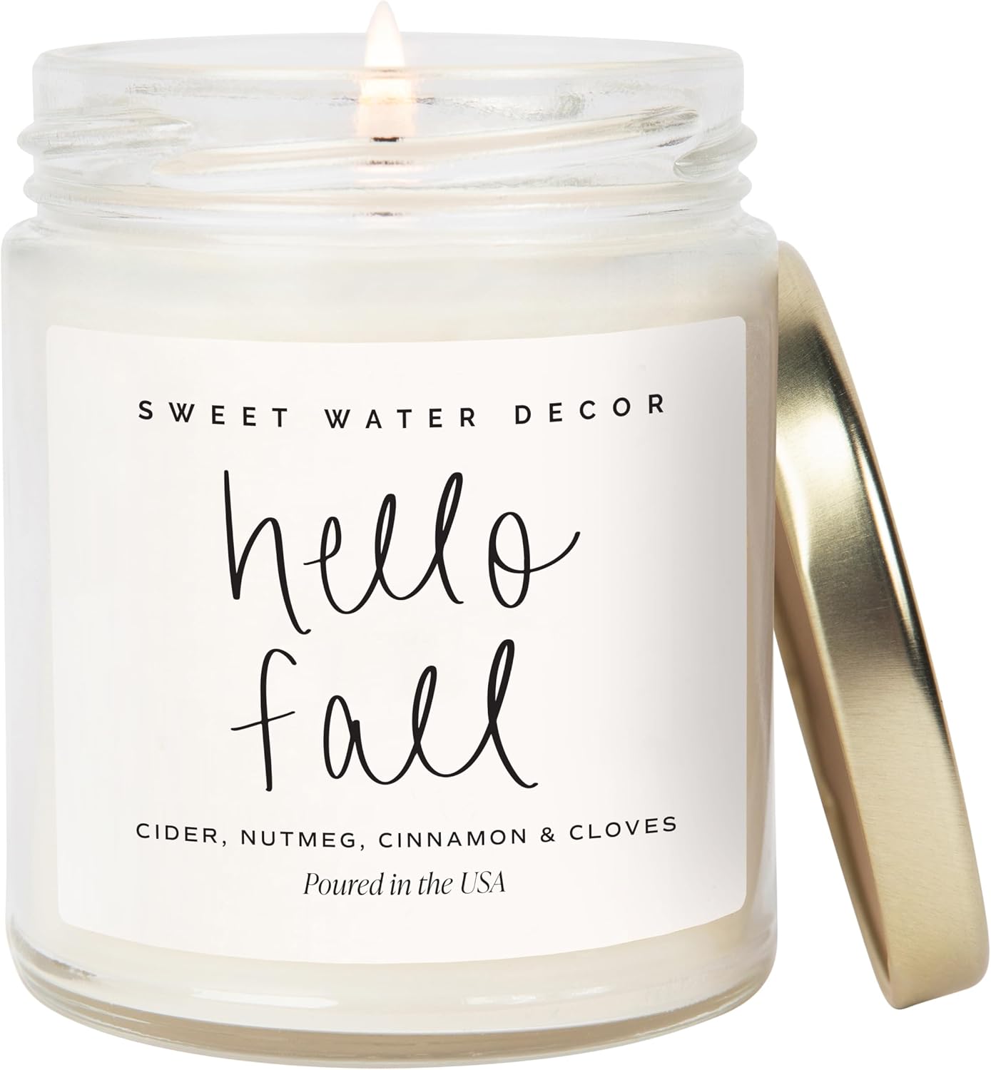 Sweet Water Decor Hello Fall Candle, 9oz Clear Glass Jar, Autumn Scent