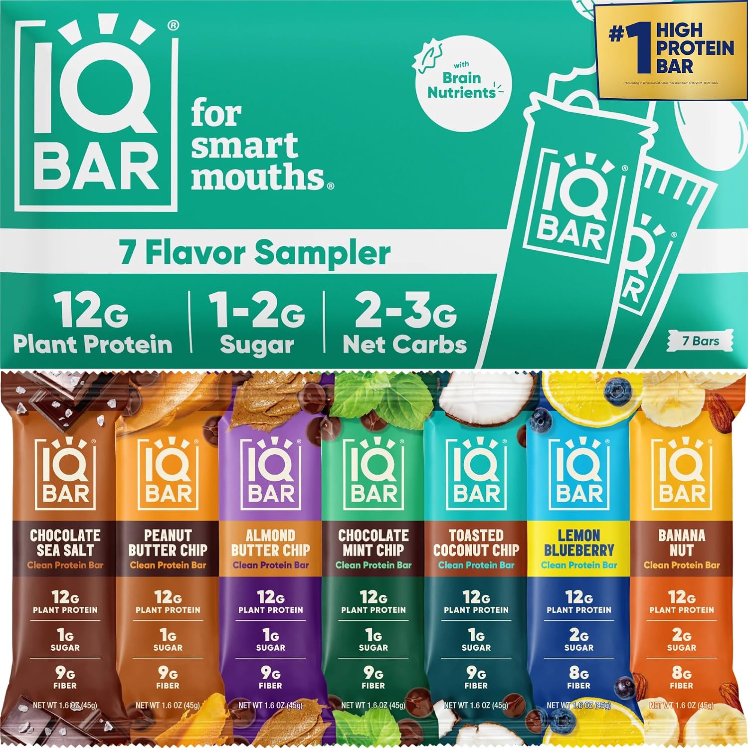 IQBAR Clean High Protein Bars, Low Sugar Snack, Sampler Variety 7ct