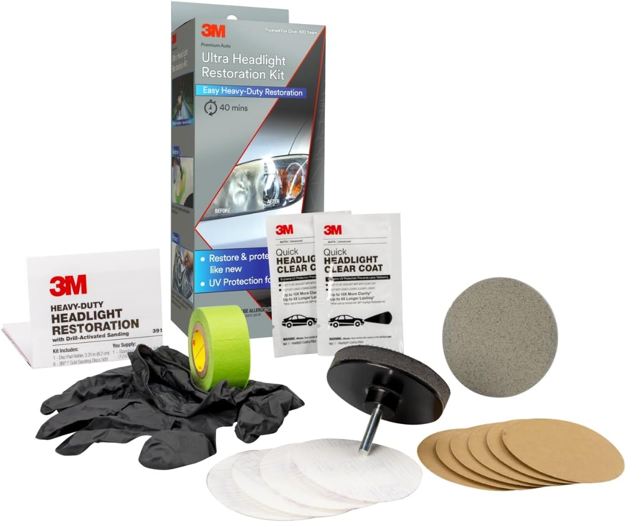 3M Ultra Headlight Restoration Kit, Contains Masking Tape, Light Sanding Discs, Wax Protectant and More, Use on Plastic