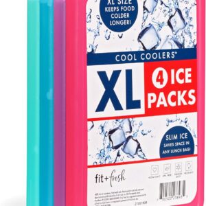 Cool Coolers by Fit & Fresh 4 Pack XL Slim Ice Packs, Quick Freeze Space Saving Reusable Ice Packs for Lunch Boxes or Co