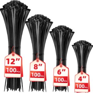 Cable Zip Ties,400 Pack Black Assorted Sizes 12+8+6+4 Inch,Multi-Purpose Self-Locking Nylon Cable Cord Management,Plasti
