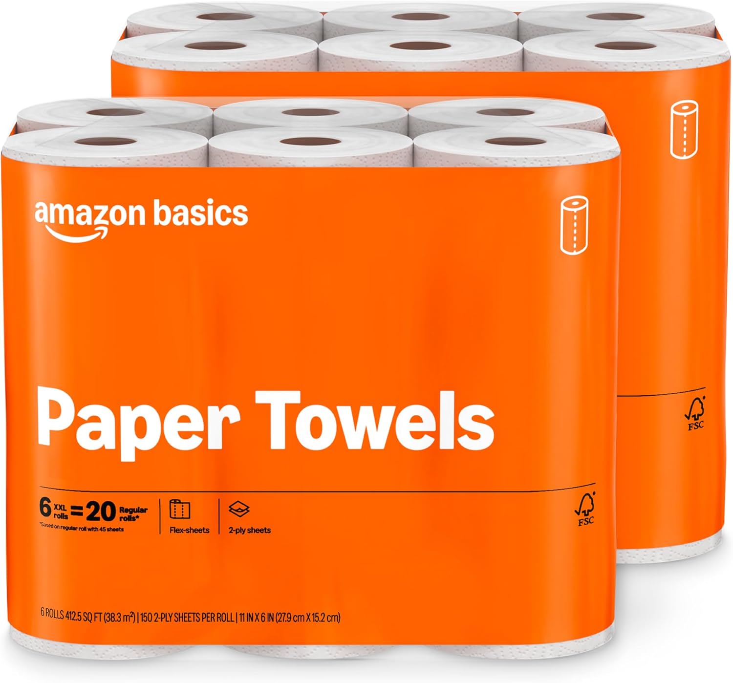 Amazon Basics 2-Ply Flex-Sheets Paper Towels, 12 Basics Rolls = 40 Regular Rolls, Everyday Value with 150 Sheets per Rol