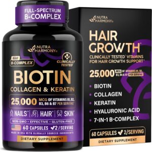 Biotin, Collagen & Keratin + Full B-Complex - Hair Growth Support - 60 Caps
