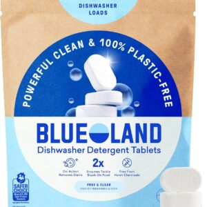 BLUELAND 100% Plastic-Free Dishwasher Detergent Tablets, 60ct, Free & Clear