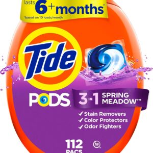 Tide PODS laundry detergent pacs, 3-in-1 Stain Remover, Odor Fighter, Color Protector, 112 Count, HE compatible, Spring