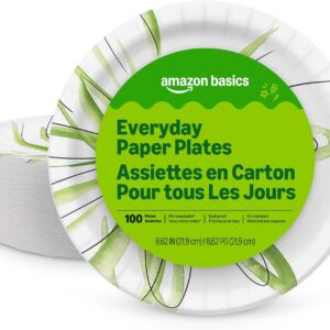 Amazon Basics Everyday Disposable Paper Plates, 8.62 Inch, Microwave-Safe, Cut Resistant, Soak-Proof, 100 Count, Packagi