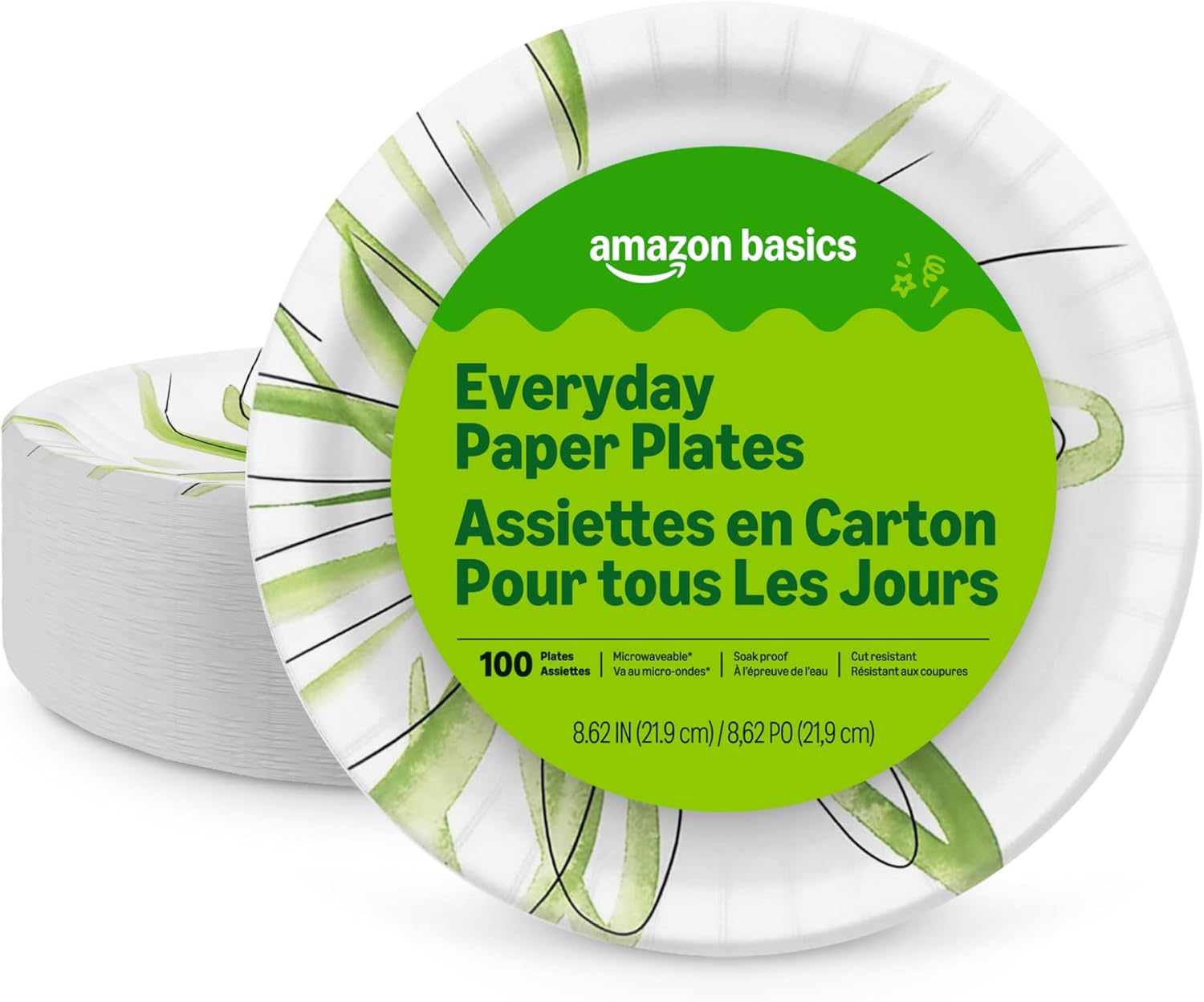 Amazon Basics Everyday Disposable Paper Plates, 8.62 Inch, Microwave-Safe, Cut Resistant, Soak-Proof, 100 Count, Packagi