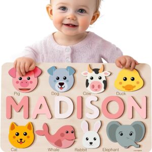 Zuzu Puzzle Personalized Name Puzzle for Toddlers 1-3 | Safari, Farm & 12 Themes | Handmade Wooden Montessori Toy, Keeps