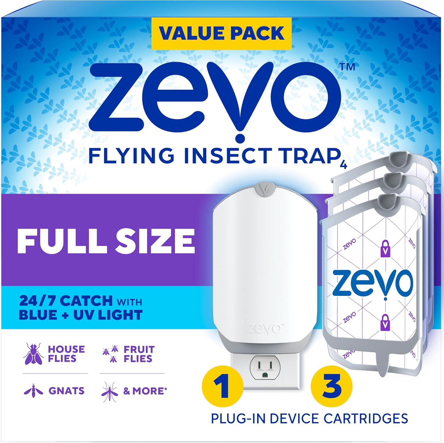 Zevo Flying Insect Trap for Fruit Flies & Gnats, 1 Plug-in Base & 3 Refills