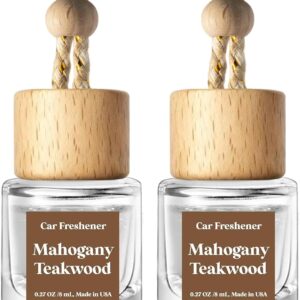 C Classy Car Air Freshener Hanging 2 Pack, Mahogany Teakwood Essential Oil Diffuser, Cute Glass Bottle, Long-Lasting Fra