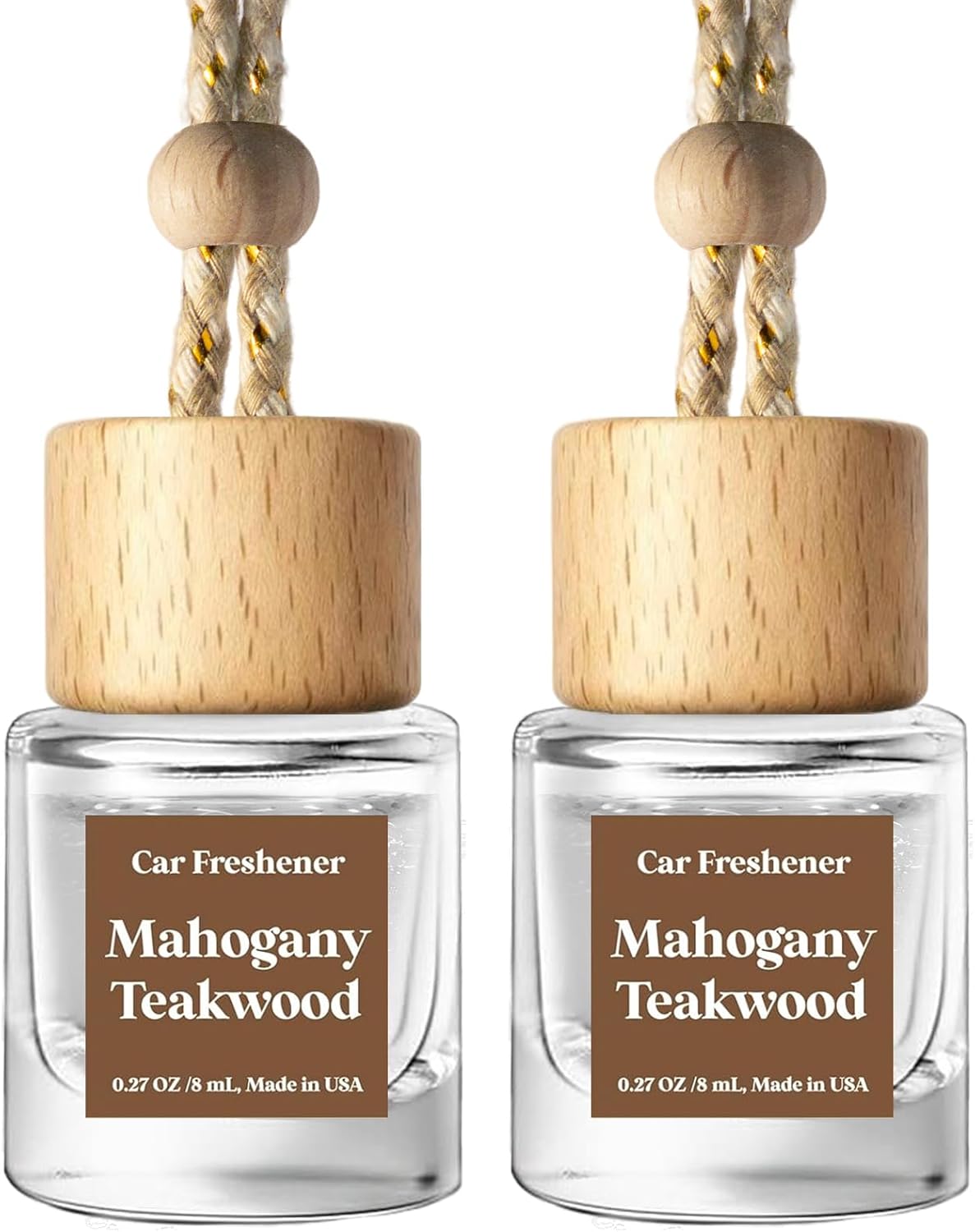 C Classy Car Air Freshener Hanging 2 Pack, Mahogany Teakwood Essential Oil Diffuser, Cute Glass Bottle, Long-Lasting Fra
