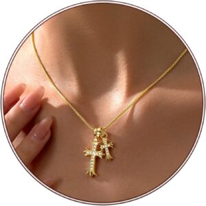 Partm Gold Cross Necklace for Women 14K Plated Dainty Pendant Cross Chain Faith Crucifix Choker Baptism Necklace for Wom