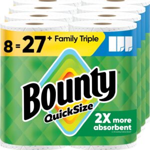 Bounty Quick-Size Paper Towels, White, 8 Family Triple Rolls = 27 Regular Rolls