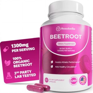 Rosabella Organic Beet Root Capsules - 1300mg Beet Root Powder Aids Healthy Circulation & Vitality, Non-GMO, Beet Root S