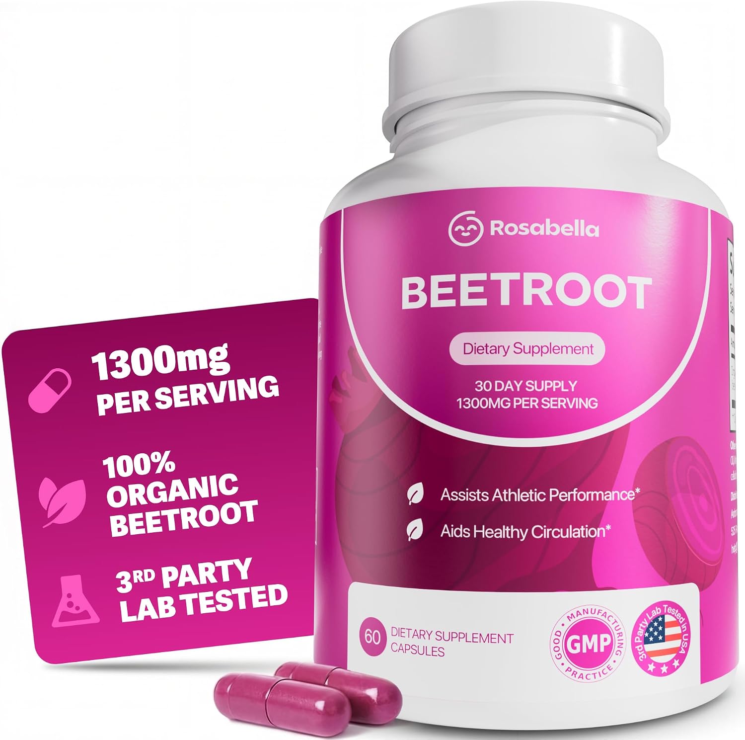Rosabella Organic Beet Root Capsules - 1300mg Beet Root Powder Aids Healthy Circulation & Vitality, Non-GMO, Beet Root S