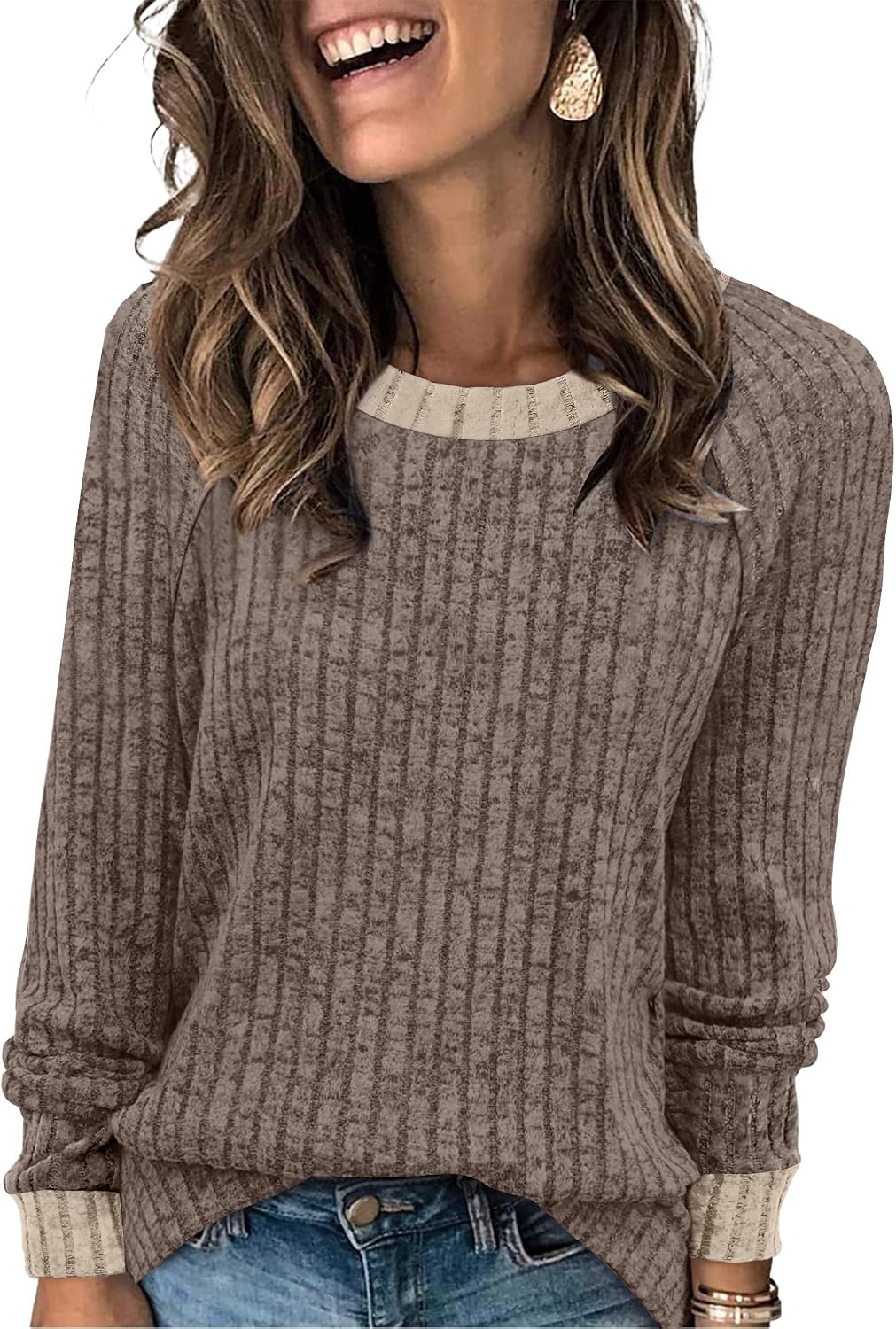 WIHOLL Long Sleeve Shirts for Women Lightweight Sweaters Fall Outfits 2026 Color Block Winter Clothing Dressy Casual Sof