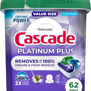 Cascade Platinum Plus Dishwasher Pods, Dish Detergent Soap, Clean Scent, 62 Count