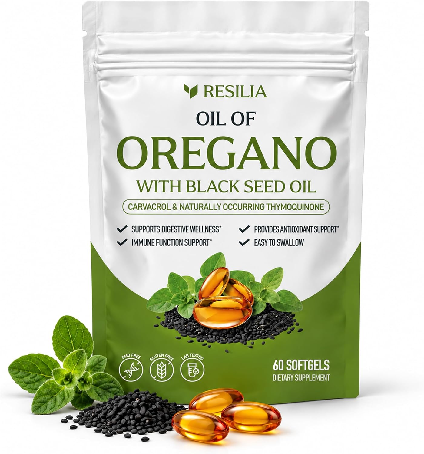 Resilia Softgels with Black Seed Oil – Premium Grade Oregano Oil Capsules for Immune & Digestive Support – Gluten-Free S