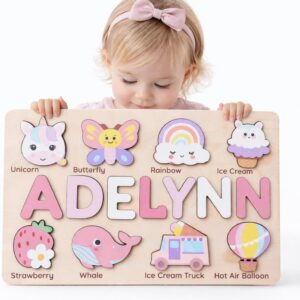 Personalized Name Puzzle for Toddlers 1-3 | Custom Wooden Baby Girl Gift with 48 Animal Art Sets | 1st Birthday Gift for