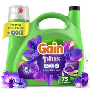 Gain Plus Laundry Detergent Liquid, Now with Odor Defense + OXI, Moonlight Breeze, 99 fl oz, 75 Loads